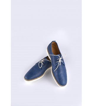 Туфлі Giampieronicola сині чоловічі з перфорацією на бежевій підошві 1 - Respected-Person